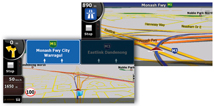 Road network elevation information is used to draw roads and bridges in a realistic way, so you won’t get “lost” at complex intersections. When travelling on a motorway, the system shows which lanes allow you to exit and which ones continue ahead, so you won’t miss an exit road. Buildings close to you are drawn as transparent objects to avoid obstructing the next intersection, while buildings further away are textured and easily recognisable.