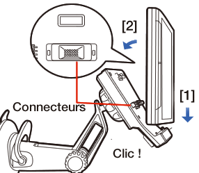 1.Alignez les orifices sous l’affichage et la partie dépassant du support, puis enfoncez l’affichage dans le support.
2.Assurez-vous que les bornes de l’affichage et du support sont alignées et enfoncez.
*Appuyez lentement sur le cadre de l’affichage, pas sur l’écran.
*Vous entendrez un déclic si l’installation est correcte.
<b>REMARQUE</b>
*Une force excessive risque d’abîmer les bornes.
*Si vous sentez même une faible résistance, arrêtez d’appuyer et vérifiez que les bornes, rainures, etc. sont bien alignées.