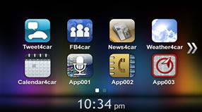 Pour utiliser le bouton Applications sur l’écran Menu, il est nécessaire de lancer l’app Smart Access sur l’iPhone.
Si vous touchez Applications sur l’écran Menu, les apps installées sur l’iPhone en liaison avec le système embarqué s’affichent.
*Une fois l’application Smart Access installée sur un iPhone, ce système embarqué peut commander les applications liables.
*L’app Smart Access vous présente des applications pouvant être liées et gère leur démarrage une fois qu’elles sont installées.
<b>REMARQUE</b>
*L’app Smart Access n’est pas prise en charge sur le iPhone 3GS ou iPhone 3G.