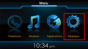 6.L’écran Menu apparaît. Les fonctions utilisables sont activées.
[1] Téléphone (Activé lorsque l’appareil est raccordé à un iPhone via Bluetooth.)
[2] Musique (Activé lorsque l’appareil est raccordé à un iPhone avec un câble de raccordement.)
[3] Applications (Activé lorsque l’appareil est raccordé à un iPhone sur lequel l’app Smart Access est exécutée avec un câble de raccordement.)
[4] Réglages (Activé lorsque l’appareil est raccordé à un iPhone avec un câble de raccordement.)

<b>REMARQUE</b>
*Si le menu ne s’ouvre pas, il se peut que le système embarqué et l’iPhone ne soient pas correctement raccordés. Assurez-vous qu’ils sont correctement raccordés.