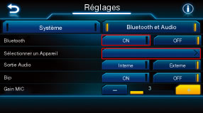 4.Touchez [Bluetooth et Audio].
5.Touchez [ON] pour 