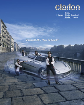 With the aim of spreading and increasing recognition of the Clarion global brand, we will be featuring Jay Kay, vocalist of the world-famous jazz-funk band Jamiroquai, as well as the concept car VAD.HO* by Italdesign-Giugiaro, in the key visual we are using for our 2008 brand communication activities.
This new visual made its public debut at the Clarion Booth of the 2008 International CES, which was held in January of 2008. It is currently featured on the newly opened 