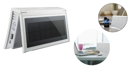 ソーラーパネル＋リチウムイオンバッテリー搭載で、屋外での音楽再生もスマホの充電も手軽に